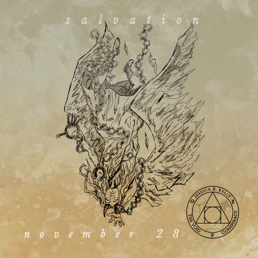 Sand-colored texture background. Front and center is an inverted falling angel, entangled in chains but bearing a key ring--suggesting it has freed itself. Text over the angel proclaims "salvation", while text below says "november 28". A black line art version of the Void Conspiracy logo is displayed in lower right.